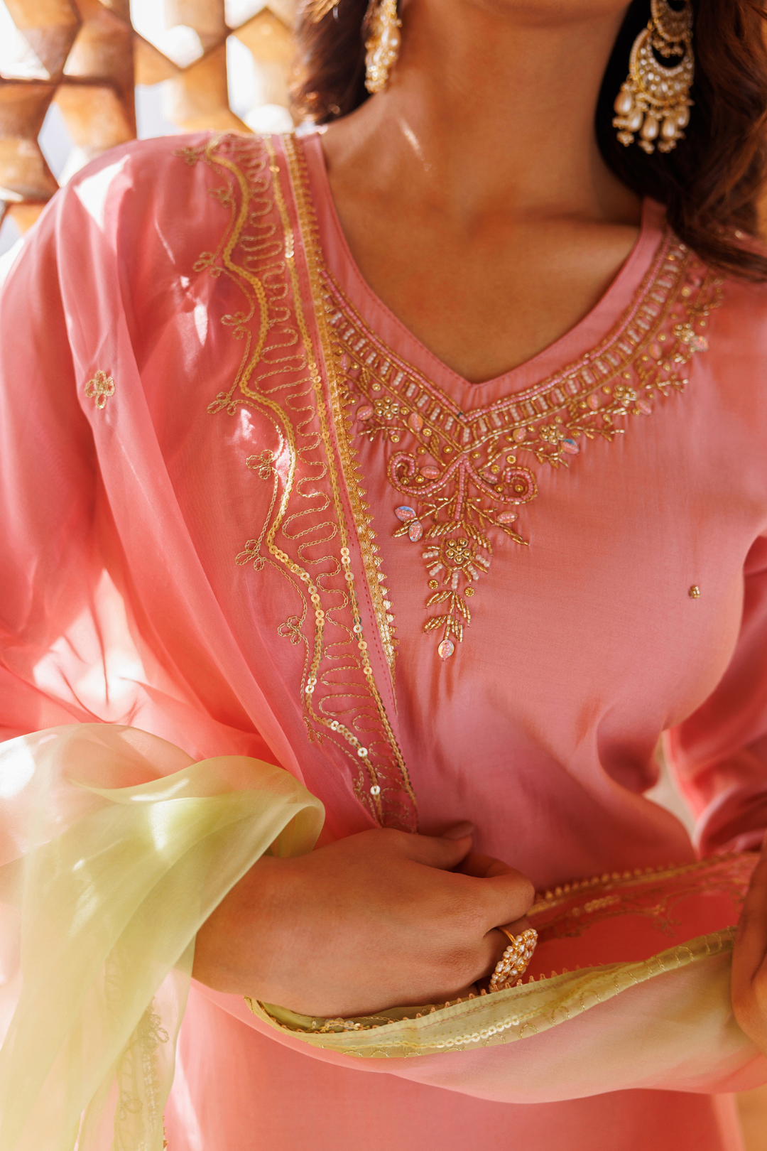 Pink Hand Embroidered Kurta Set With Dual Shaded Dupatta