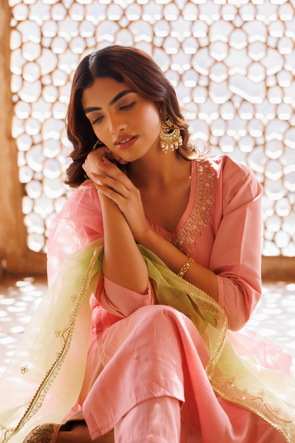 Pink Hand Embroidered Kurta Set With Dual Shaded Dupatta