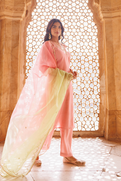 Pink Hand Embroidered Kurta Set With Dual Shaded Dupatta