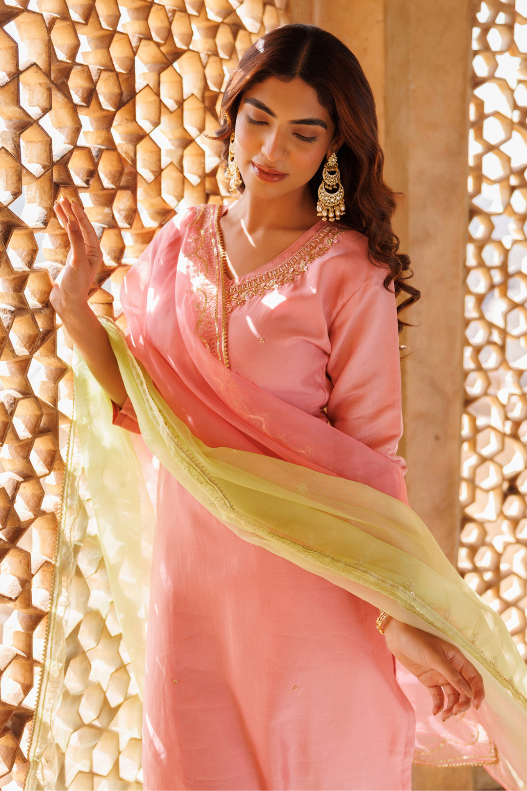 Pink Hand Embroidered Kurta Set With Dual Shaded Dupatta