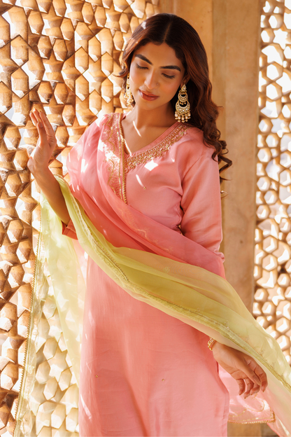 Pink Hand Embroidered Kurta Set With Dual Shaded Dupatta