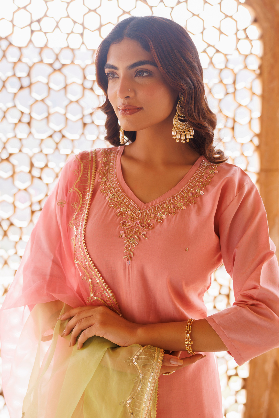 Pink Hand Embroidered Kurta Set With Dual Shaded Dupatta