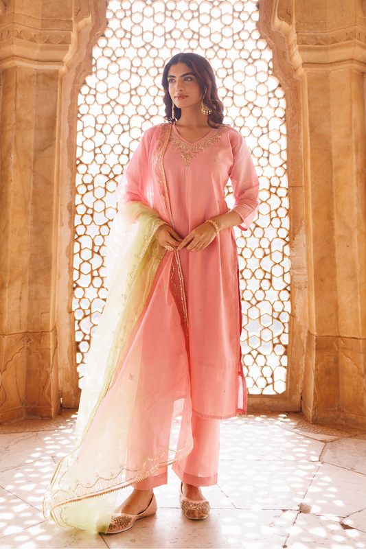 Pink Hand Embroidered Kurta Set With Dual Shaded Dupatta