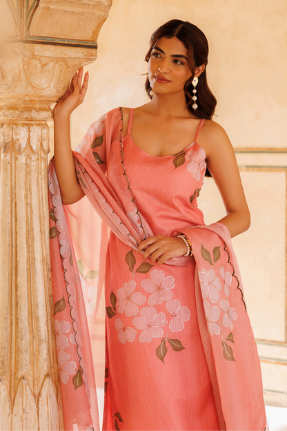 Peach Floral Printed Kota Doriya Strappy Kurta Set