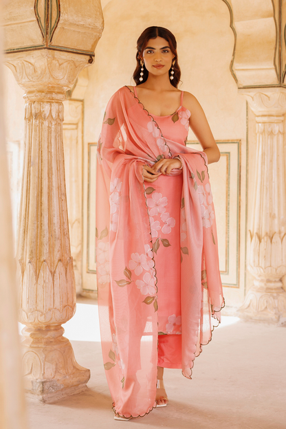 Peach Floral Printed Kota Doriya Strappy Kurta Set