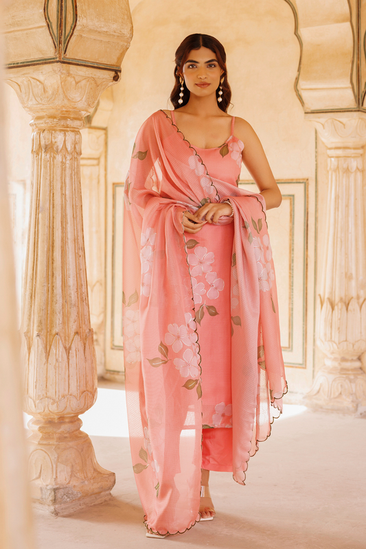 Peach Floral Printed Kota Doriya Strappy Kurta Set