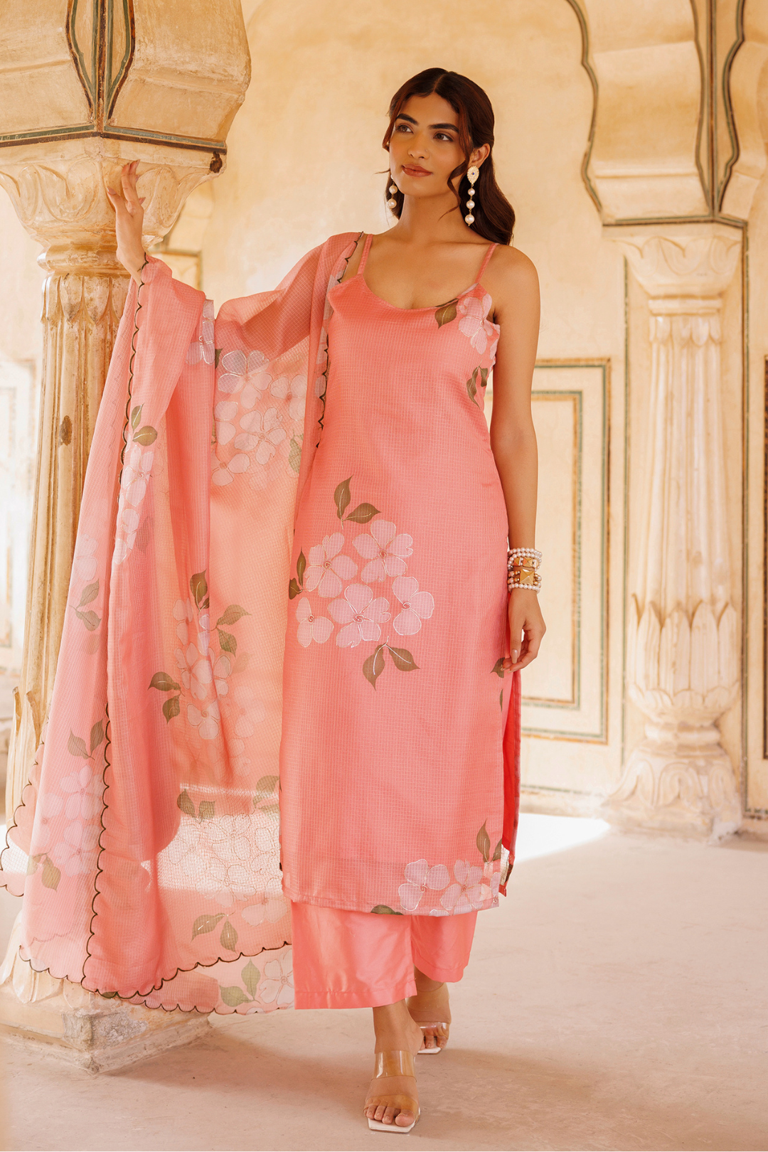 Peach Floral Printed Kota Doriya Strappy Kurta Set