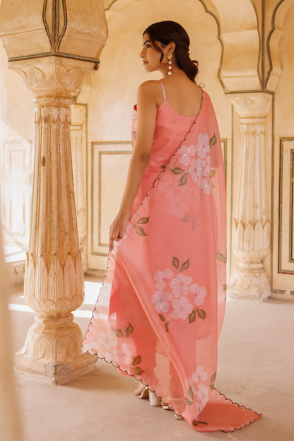 Peach Floral Printed Kota Doriya Strappy Kurta Set