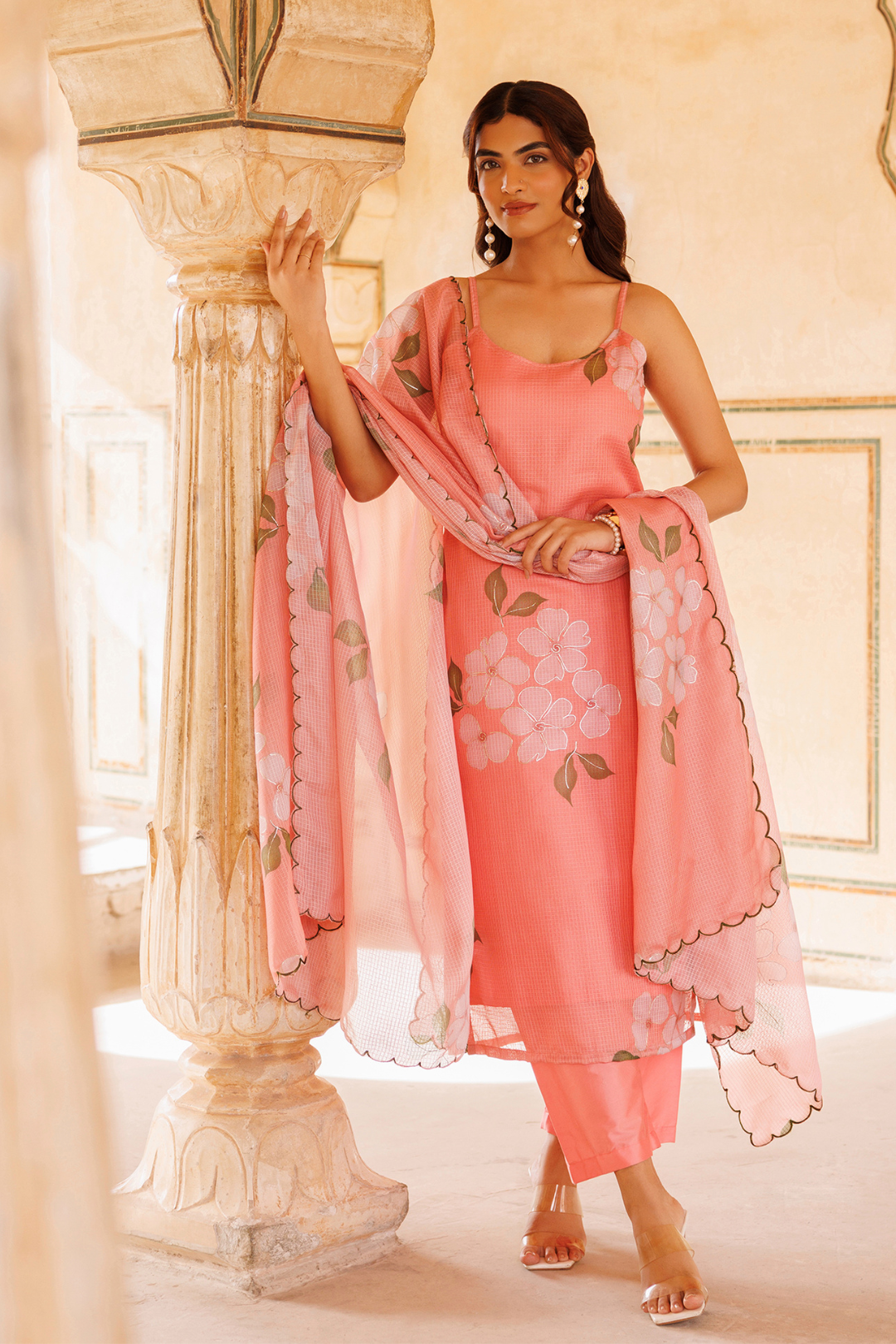 Peach Floral Printed Kota Doriya Strappy Kurta Set