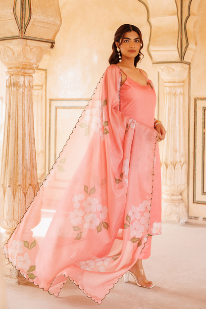 Peach Floral Printed Kota Doriya Strappy Kurta Set