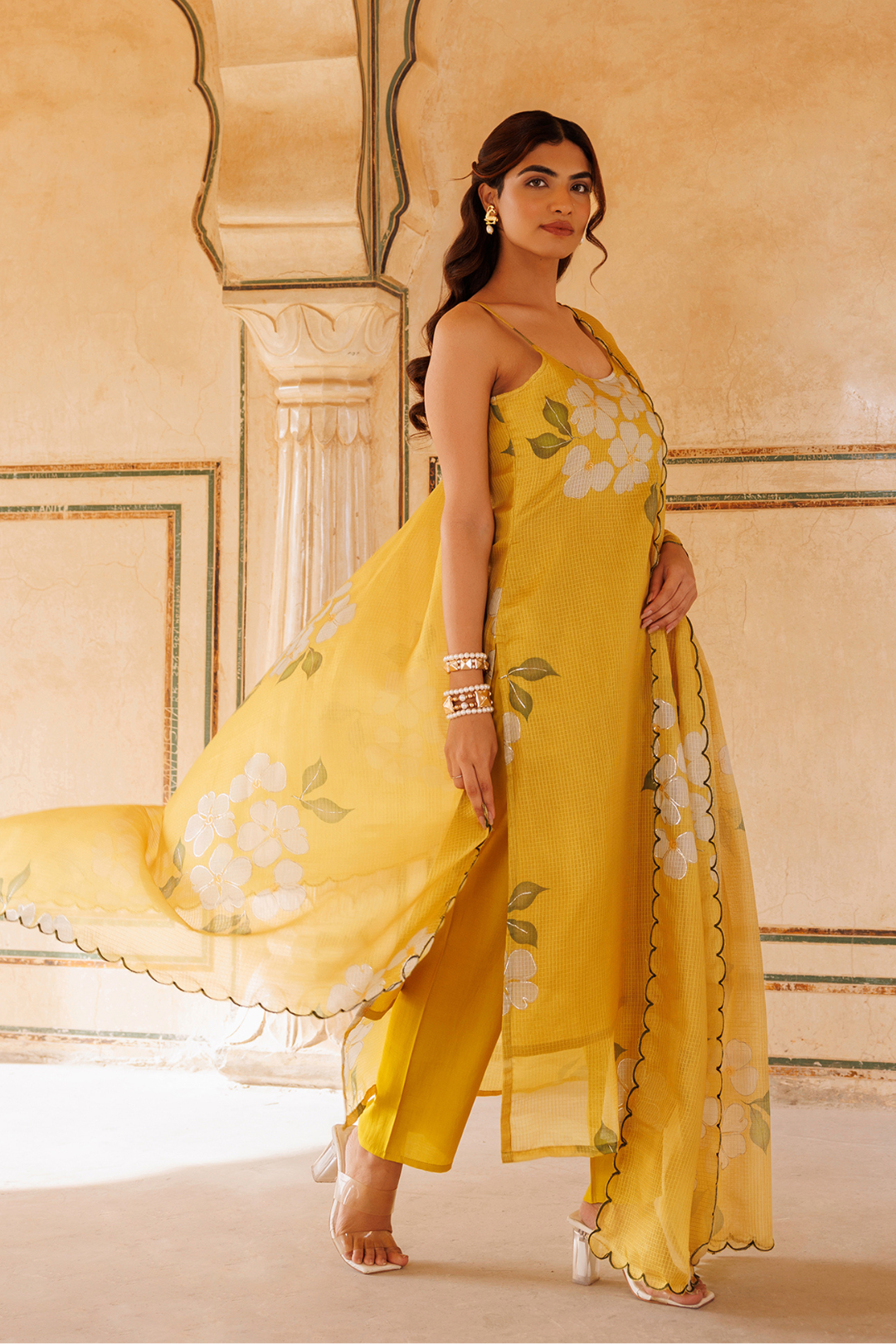Mustard Floral Printed Kota Doriya Strappy Kurta Set