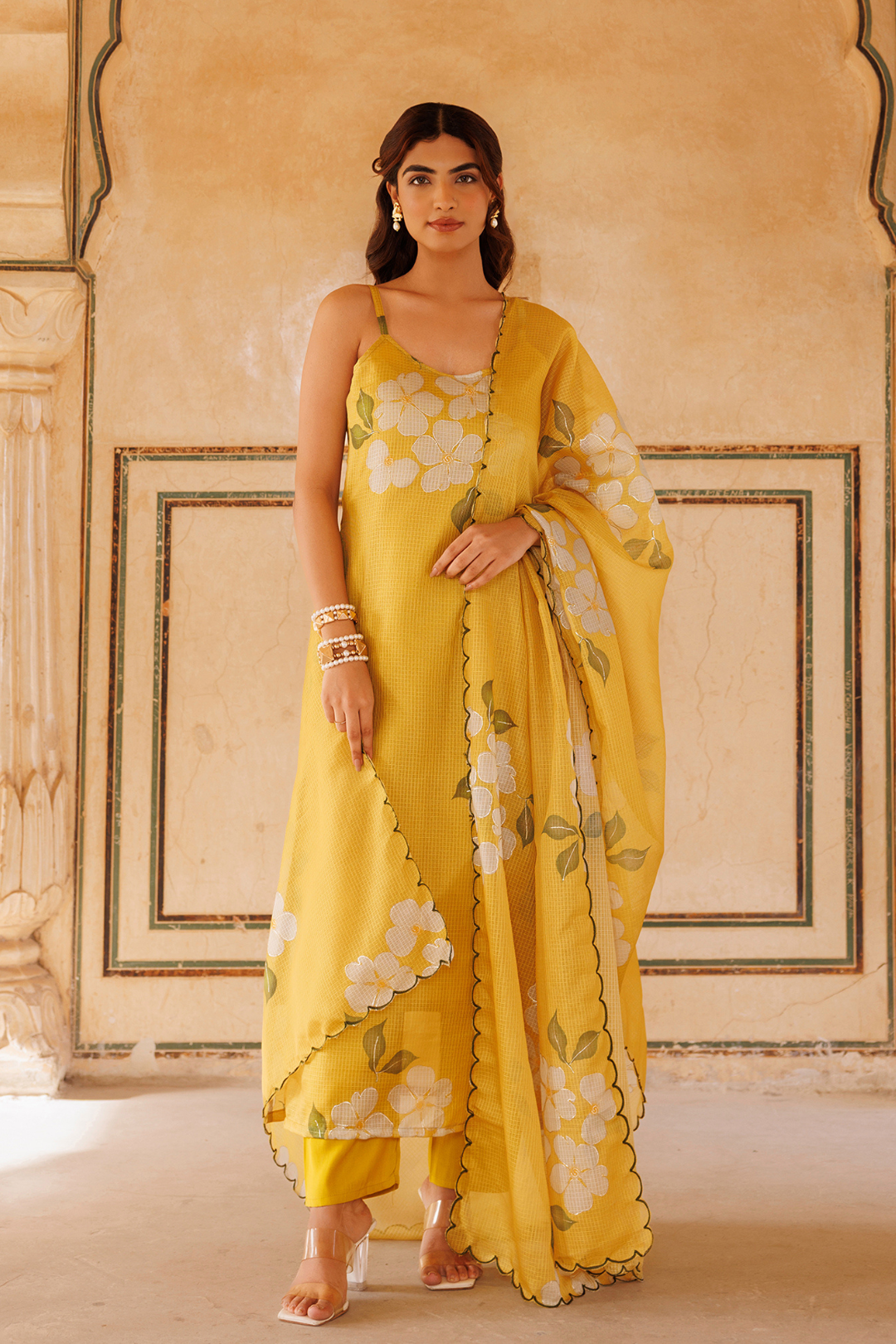 Mustard Floral Printed Kota Doriya Strappy Kurta Set