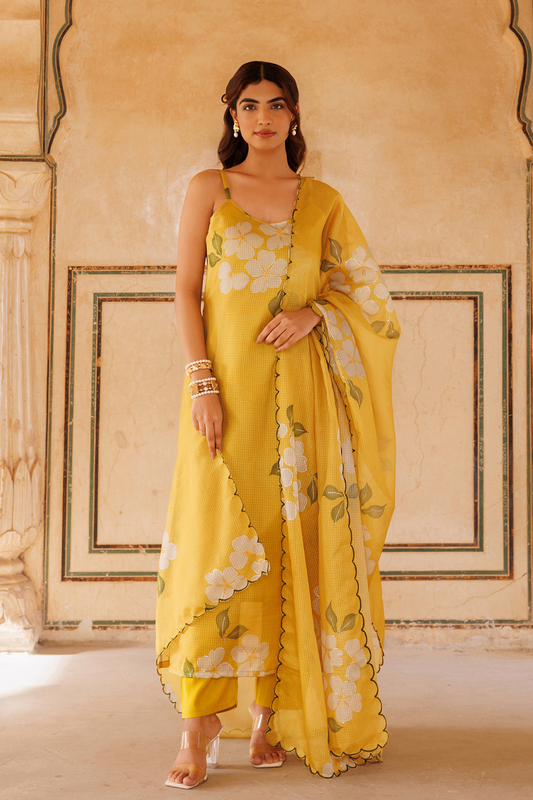 Mustard Floral Printed Kota Doriya Strappy Kurta Set
