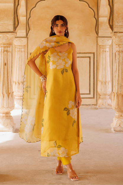 Mustard Floral Printed Kota Doriya Strappy Kurta Set