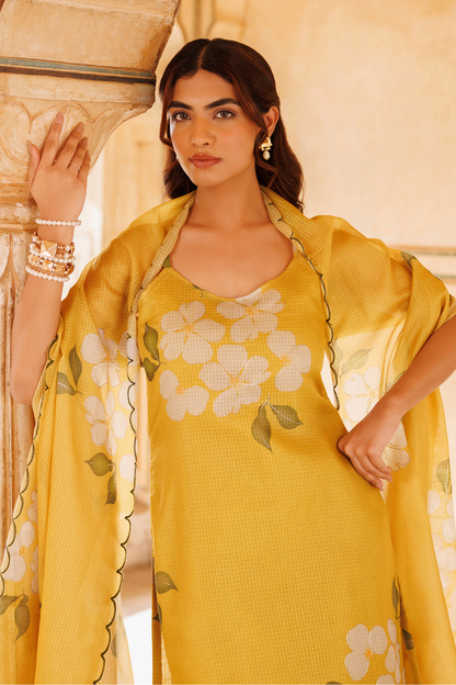 Mustard Floral Printed Kota Doriya Strappy Kurta Set