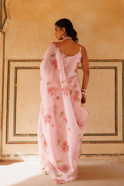 Pink Floral Printed Kota Doriya Strappy Kurta Set