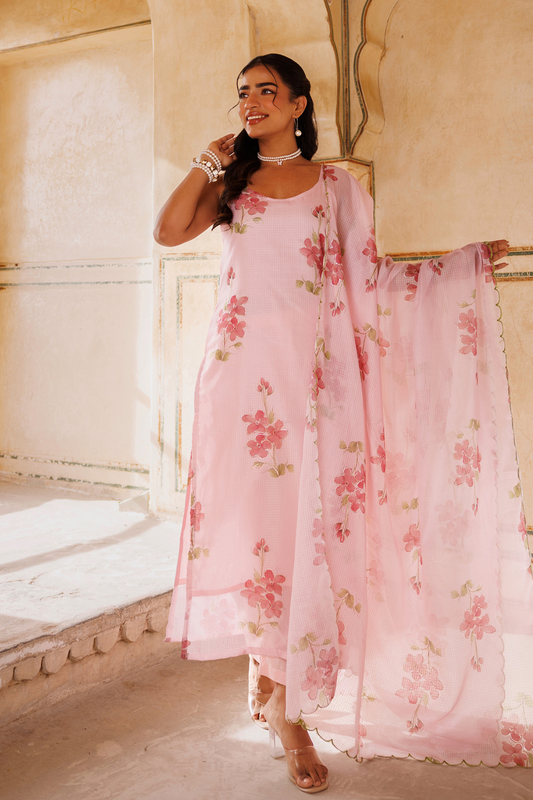 Pink Floral Printed Kota Doriya Strappy Kurta Set