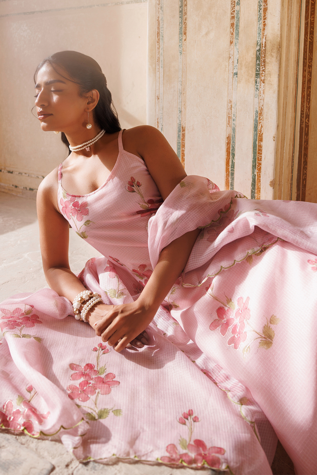 Pink Floral Printed Kota Doriya Strappy Kurta Set