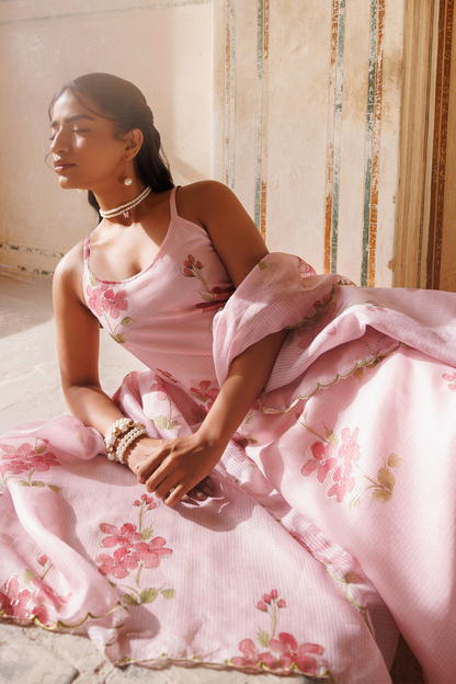 Pink Floral Printed Kota Doriya Strappy Kurta Set