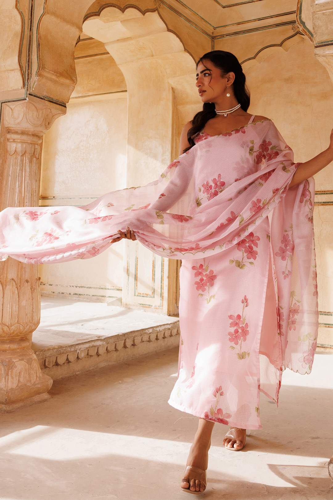 Pink Floral Printed Kota Doriya Strappy Kurta Set