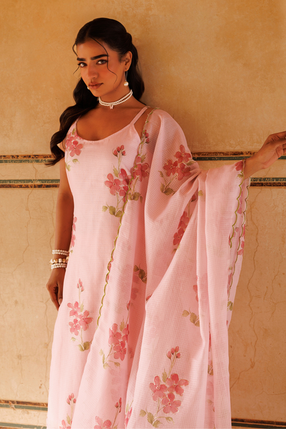 Pink Floral Printed Kota Doriya Strappy Kurta Set