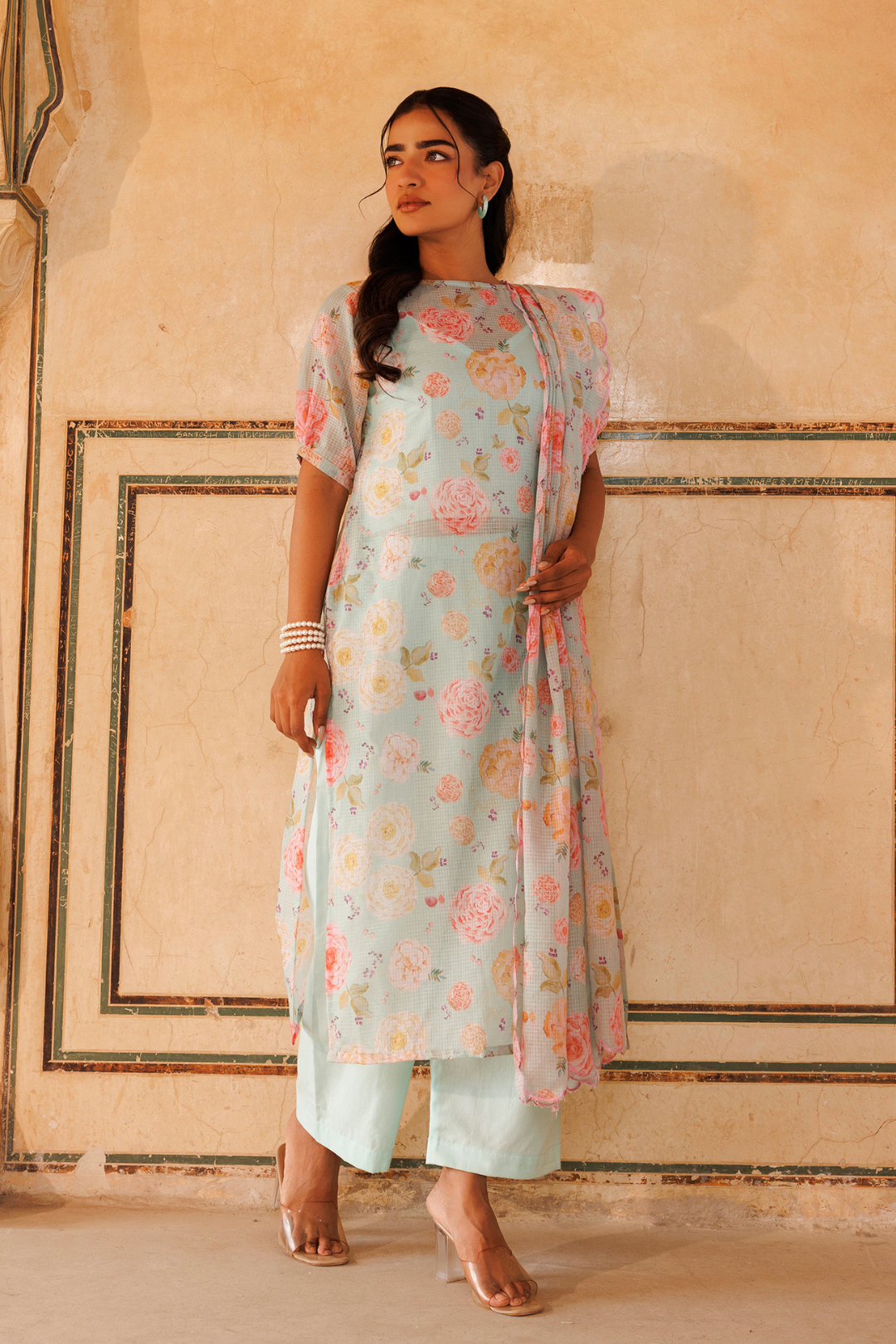 Pastel Green, Floral printed Kota Doriya Kurta Set