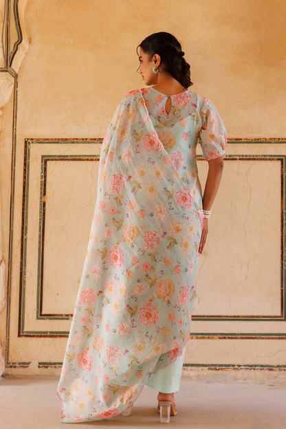 Pastel Green, Floral printed Kota Doriya Kurta Set