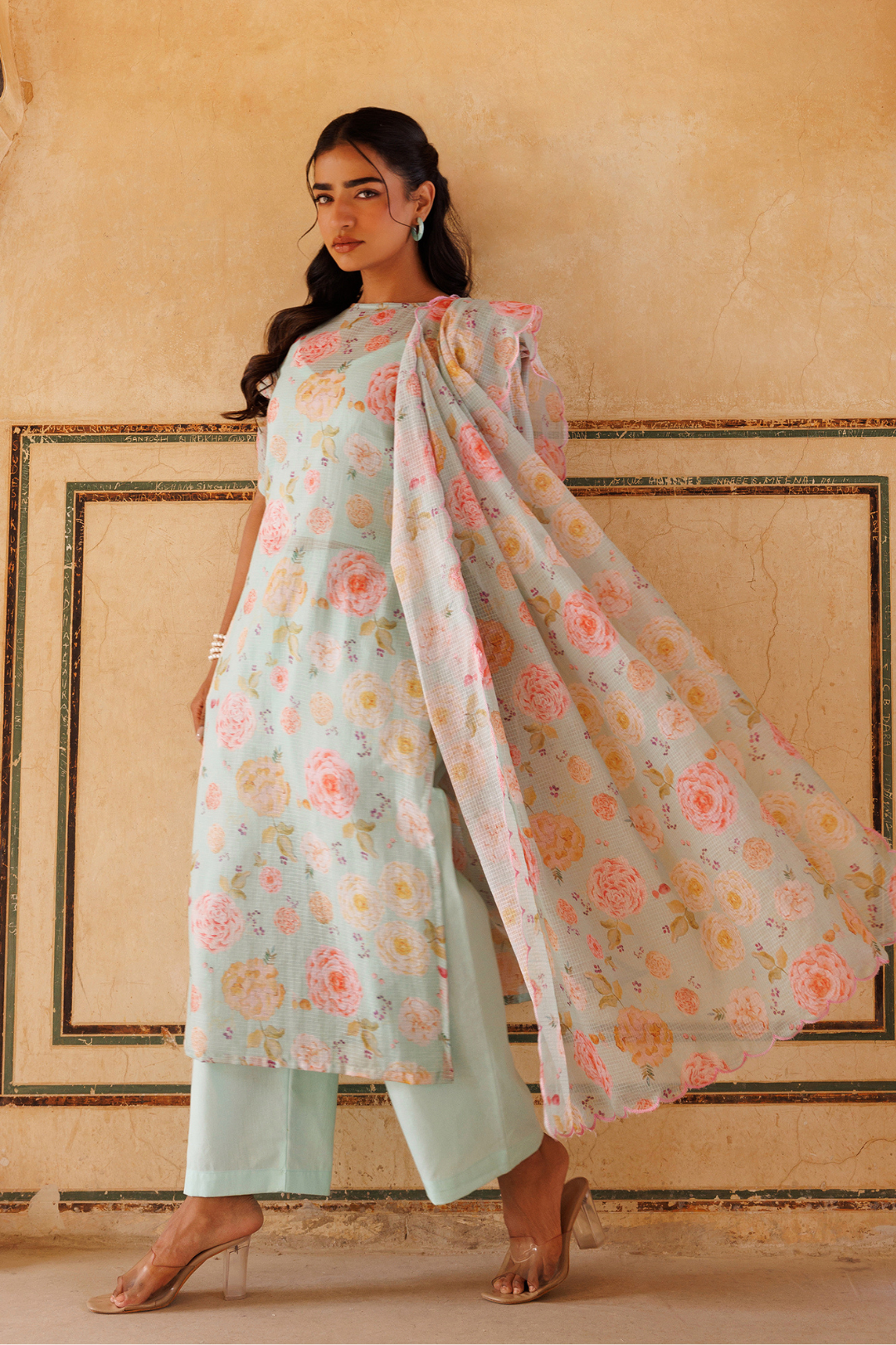 Pastel Green, Floral printed Kota Doriya Kurta Set