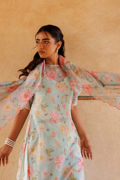 Pastel Green, Floral printed Kota Doriya Kurta Set