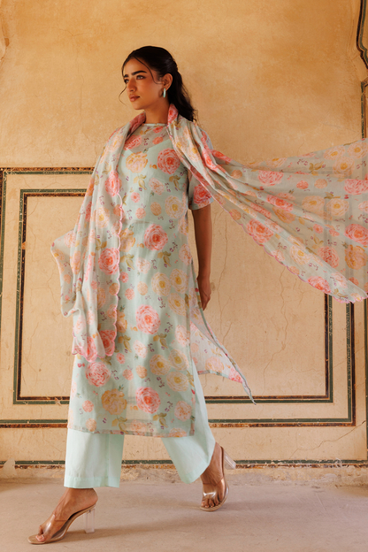 Pastel Green, Floral printed Kota Doriya Kurta Set