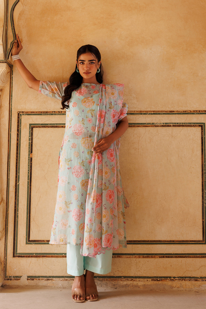 Pastel Green, Floral printed Kota Doriya Kurta Set