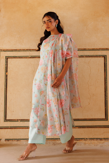 Pastel Green, Floral printed Kota Doriya Kurta Set