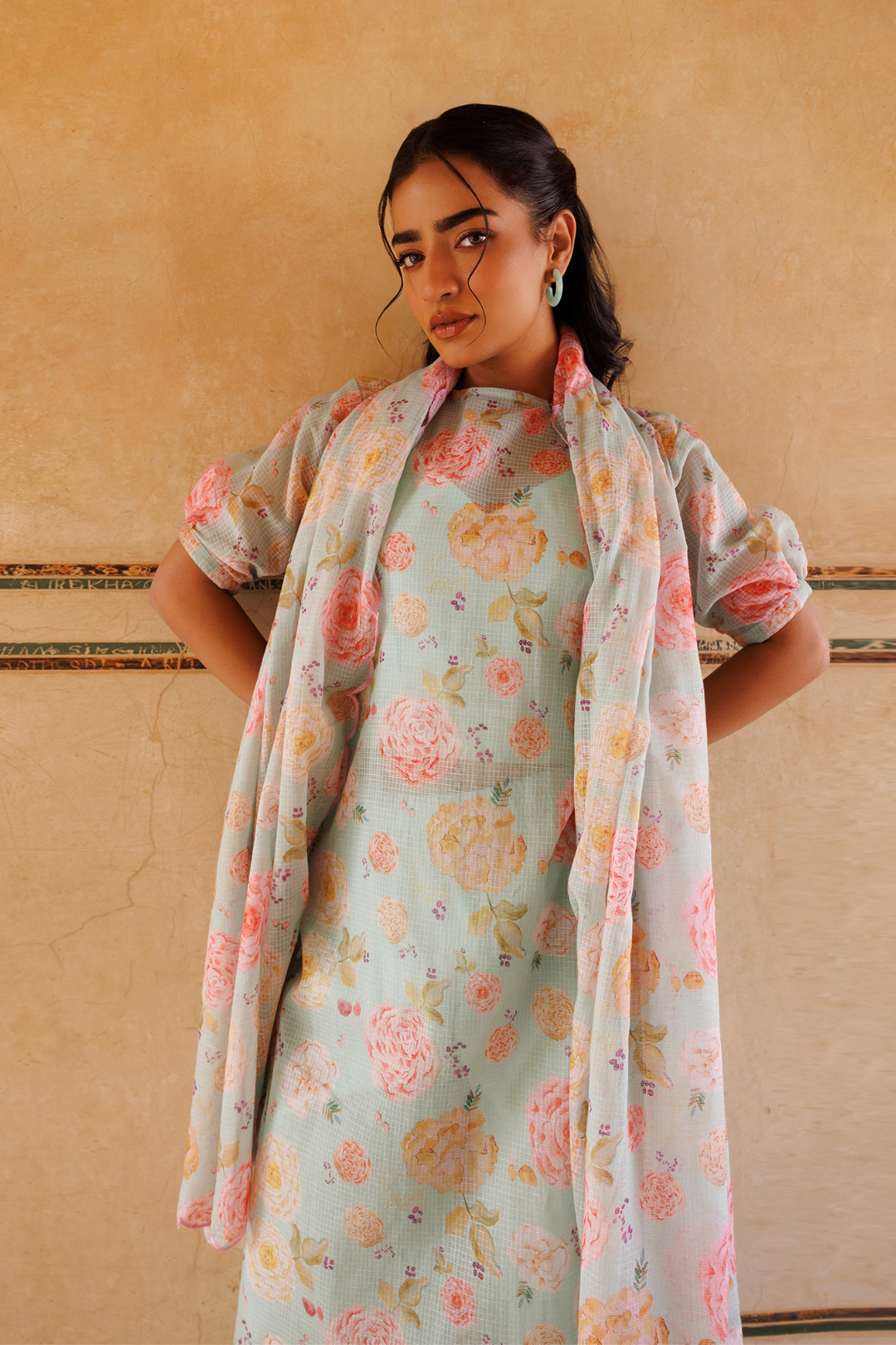 Pastel Green, Floral printed Kota Doriya Kurta Set