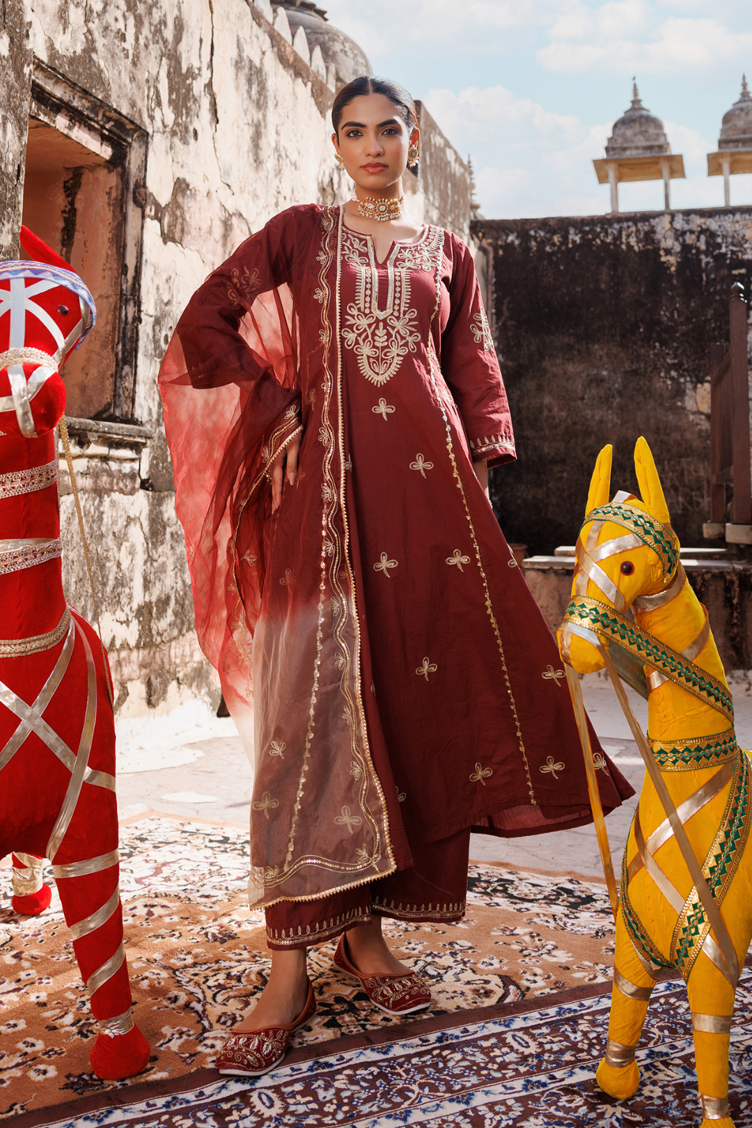 Maroon Cotton Anarkali Set With Dual-Shaded Dupatta