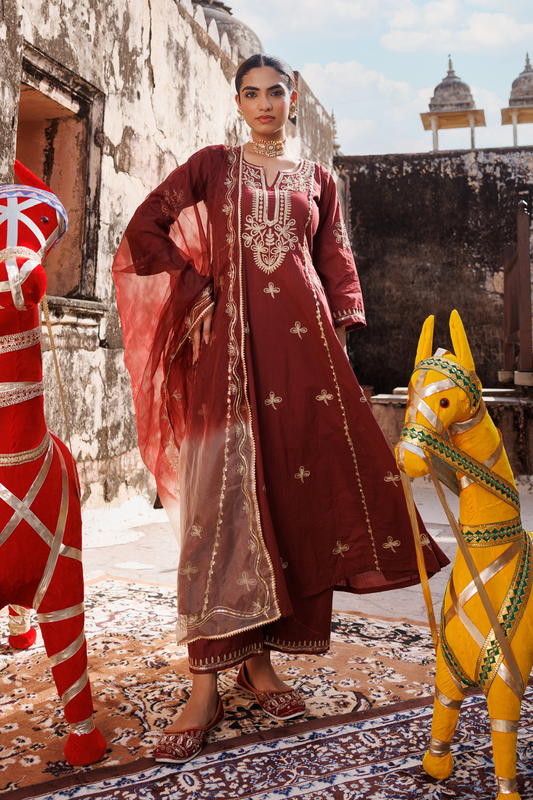 Maroon Cotton Anarkali Set With Dual-Shaded Dupatta