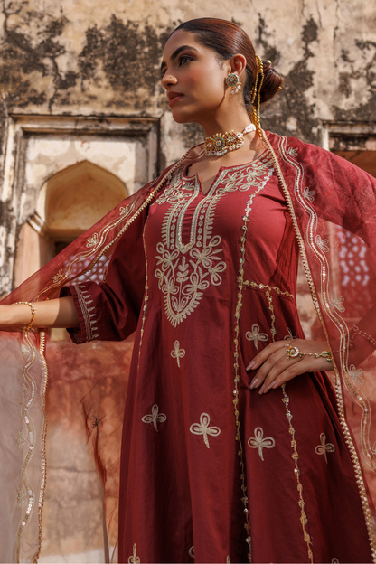 Maroon Cotton Anarkali Set With Dual-Shaded Dupatta