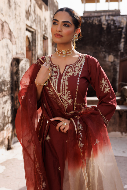 Maroon Cotton Anarkali Set With Dual-Shaded Dupatta