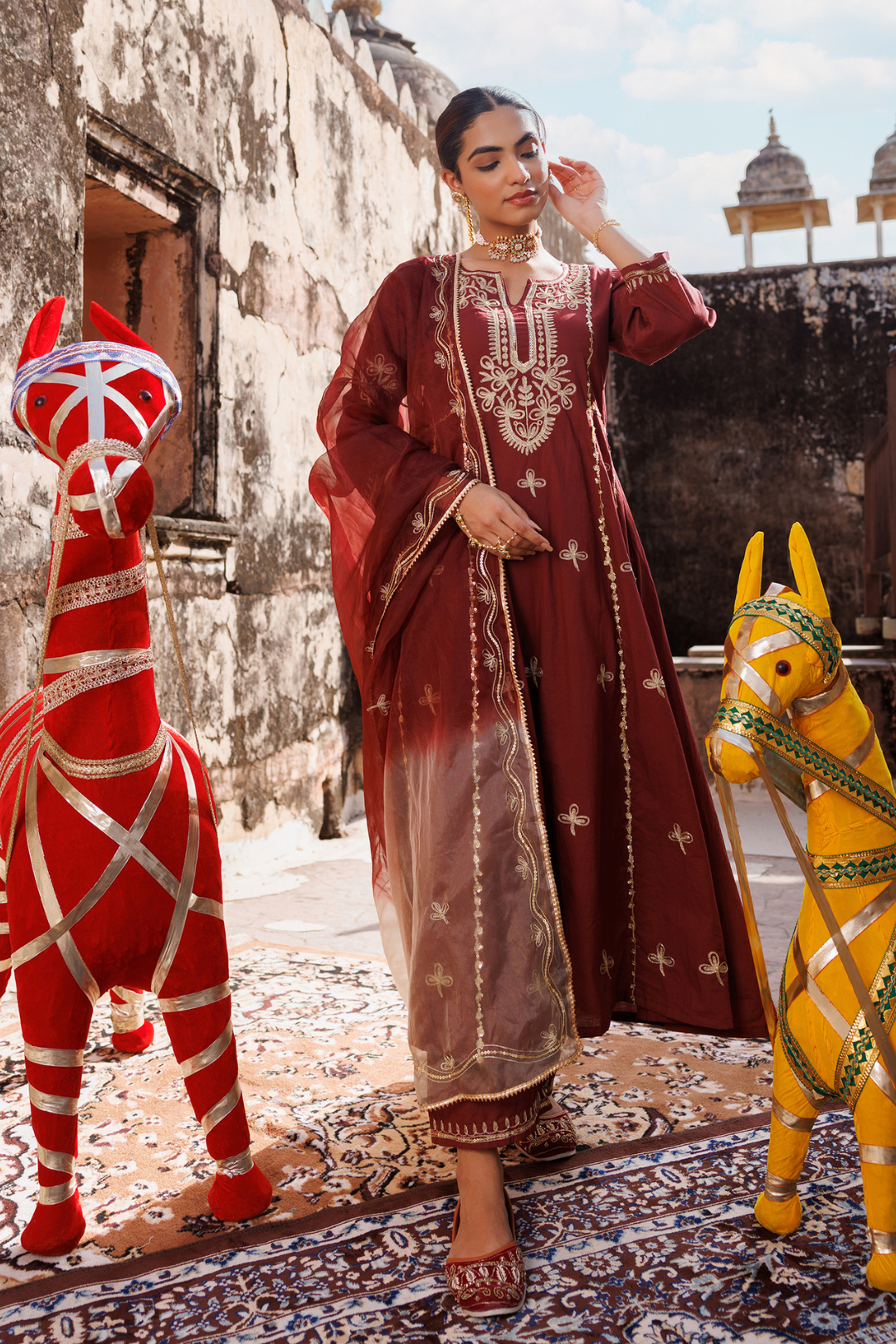 Maroon Cotton Anarkali Set With Dual-Shaded Dupatta