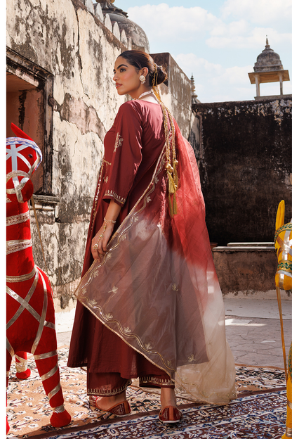 Maroon Cotton Anarkali Set With Dual-Shaded Dupatta