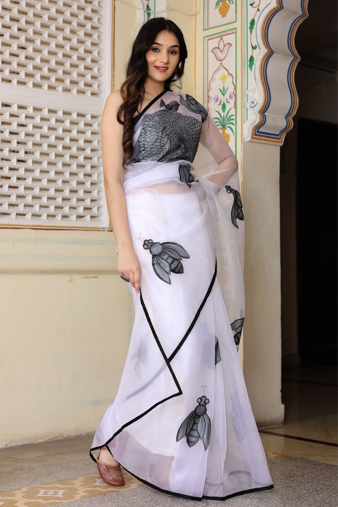 White Hand Painted Organza Saree