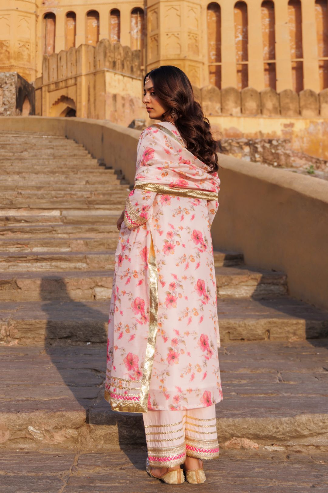 Pink Floral Printed Chanderi Kurta Set