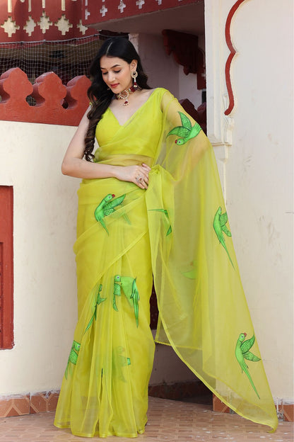 Lime Green Hand Painted Saree