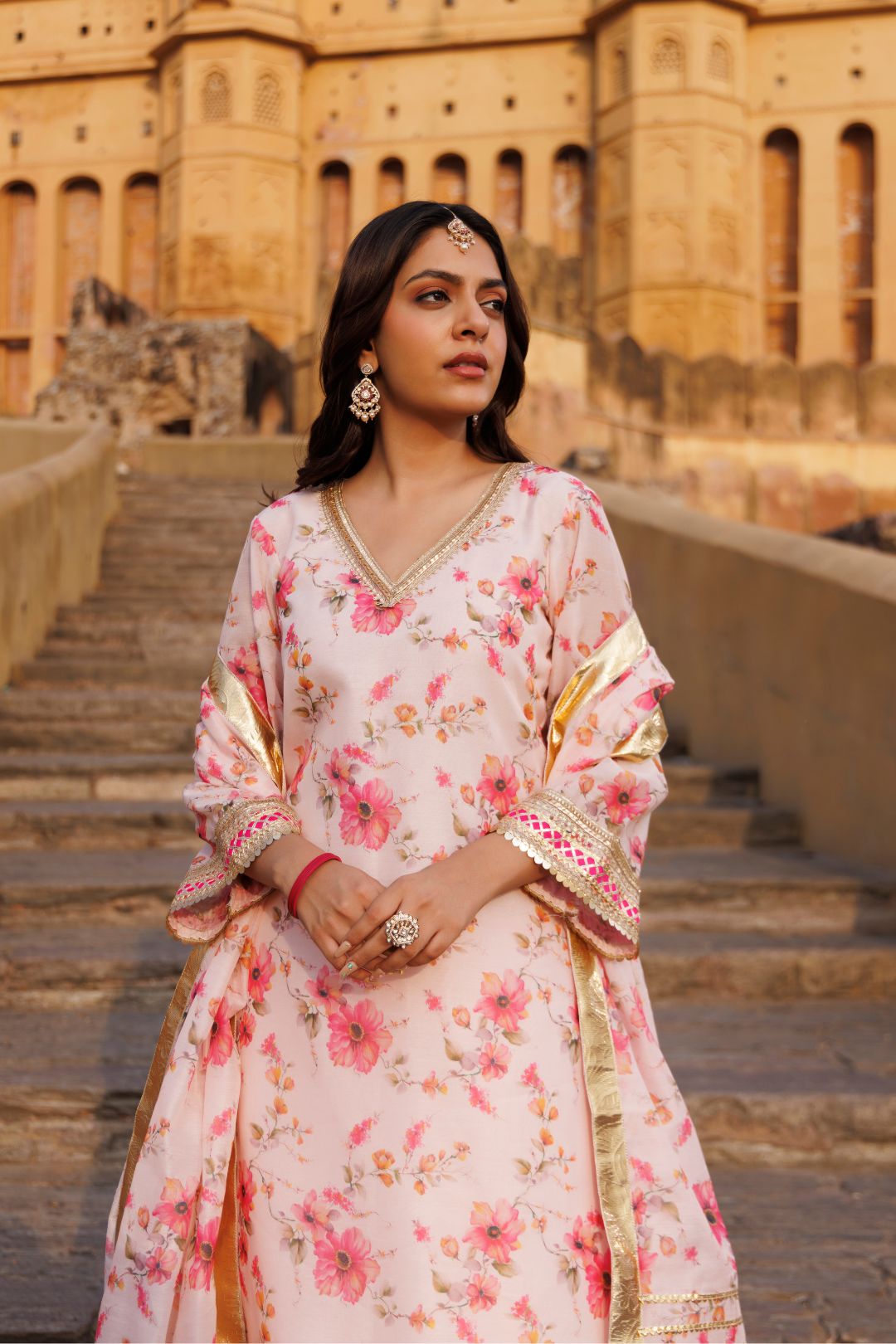 Pink Floral Printed Chanderi Kurta Set