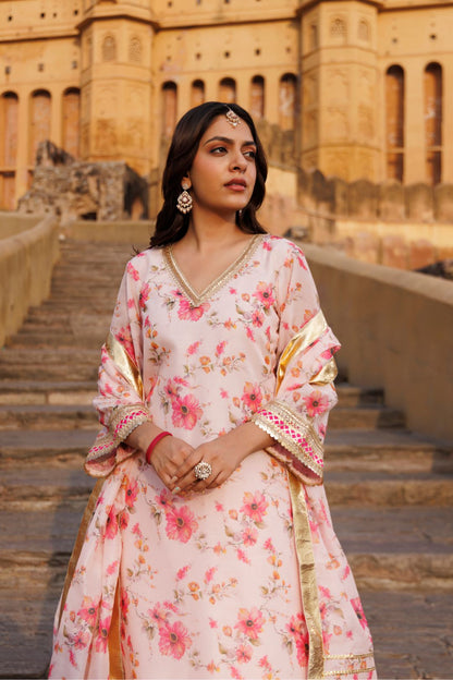 Pink Floral Printed Chanderi Kurta Set