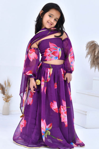 Purple Chiffon Printed Blossom Lehenga Set