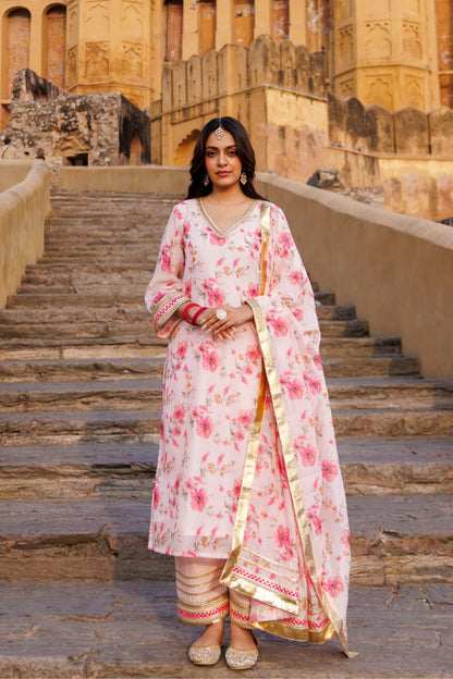 Pink Floral Printed Chanderi Kurta Set