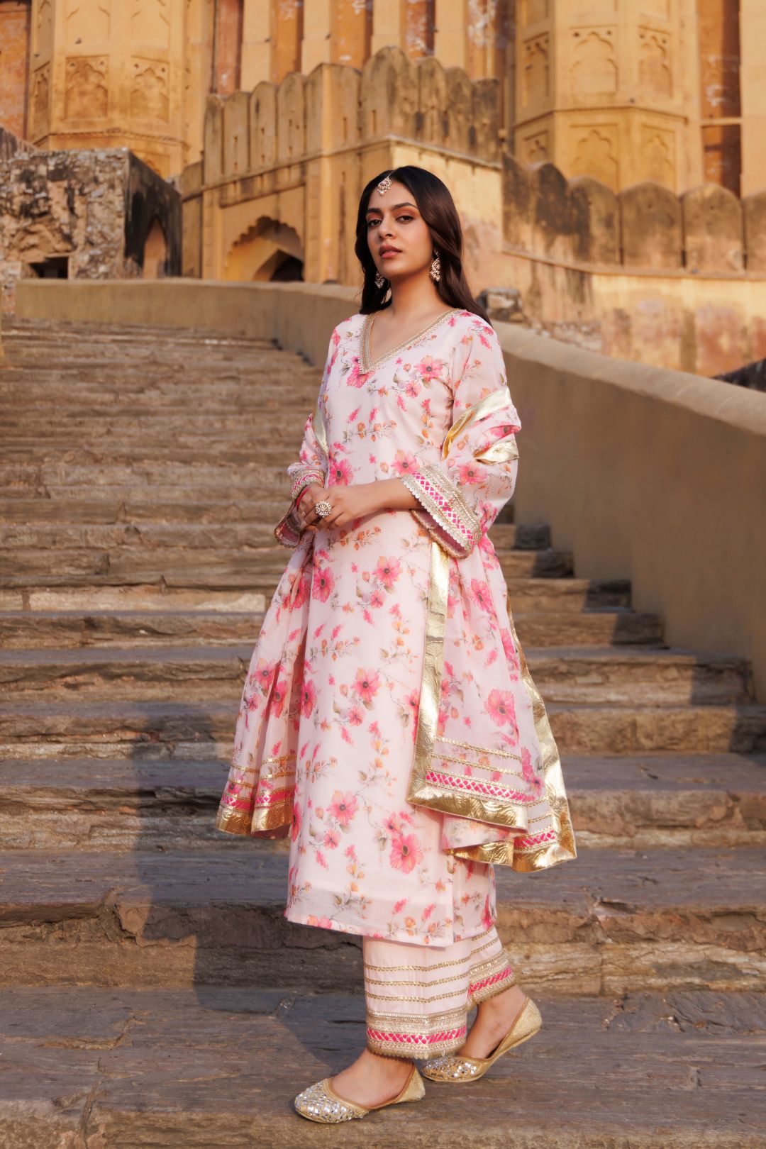 Pink Floral Printed Chanderi Kurta Set