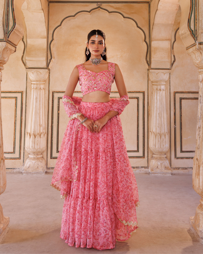 Pink Printed Chiffon Lehenga Set