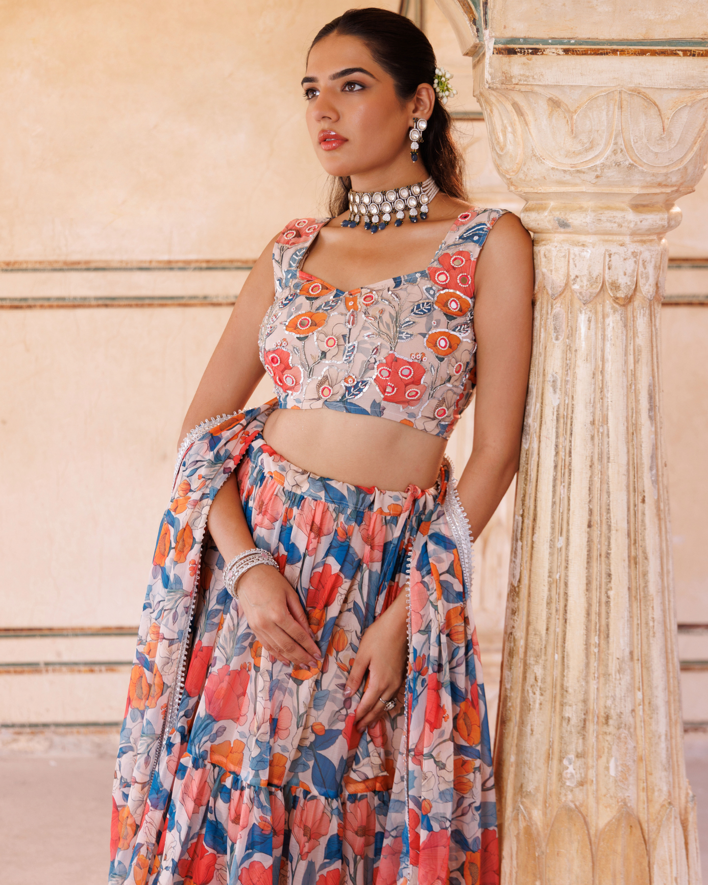 Beige georgette, blue & orange floral printed lehenga set