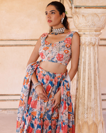 Beige georgette, blue & orange floral printed lehenga set
